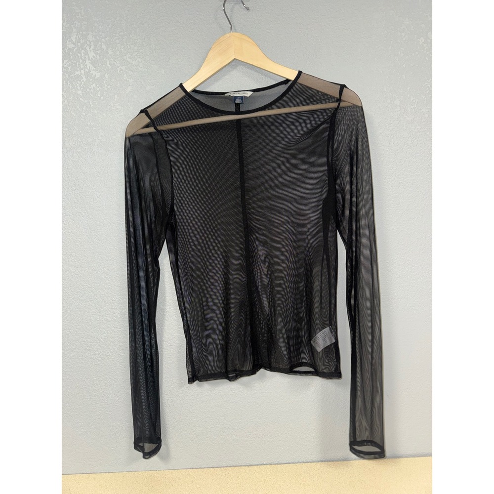 American Eagle Black Mesh Long Sleeve Top Sheer Crew Neck Layering Shirt Large